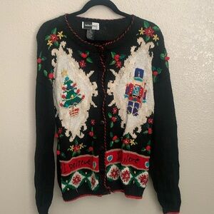 Ugly Christmas Sweater Cardigan Black I Believe Tree Toy Soldier Size M
